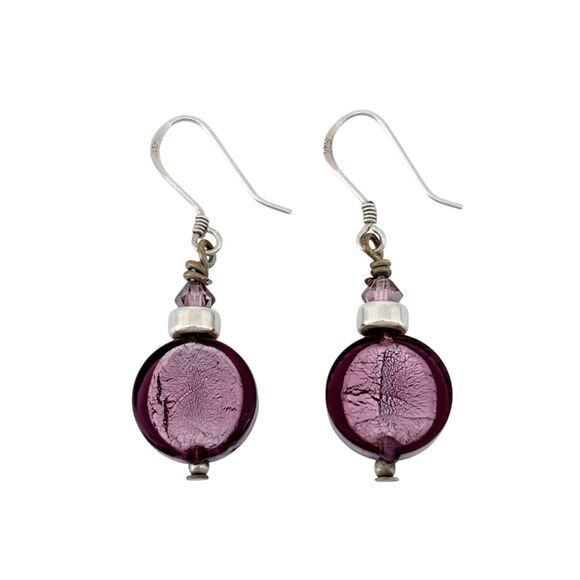 Vintage Sterling Silver 925 Purple Glass Dangle Earrings - Picture 2 of 6